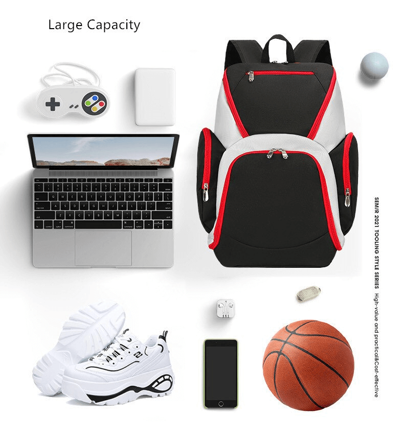 Waterproof lightweight large capacity football backpack with sports gear, showcasing durability and organization for easy carrying.
